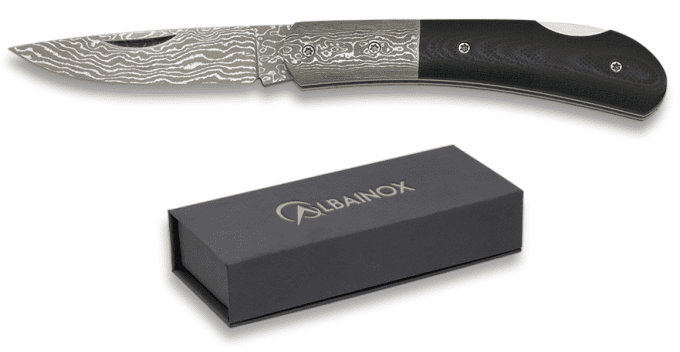 Couteau plian DAMASCUS manche mikarta noir lame de 6.40 cm
