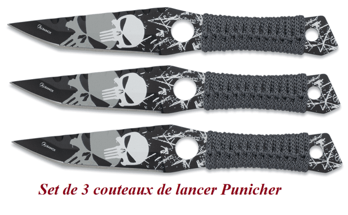 Set de 3 Couteaux de lancer Skull Punisher lame de 10 cm