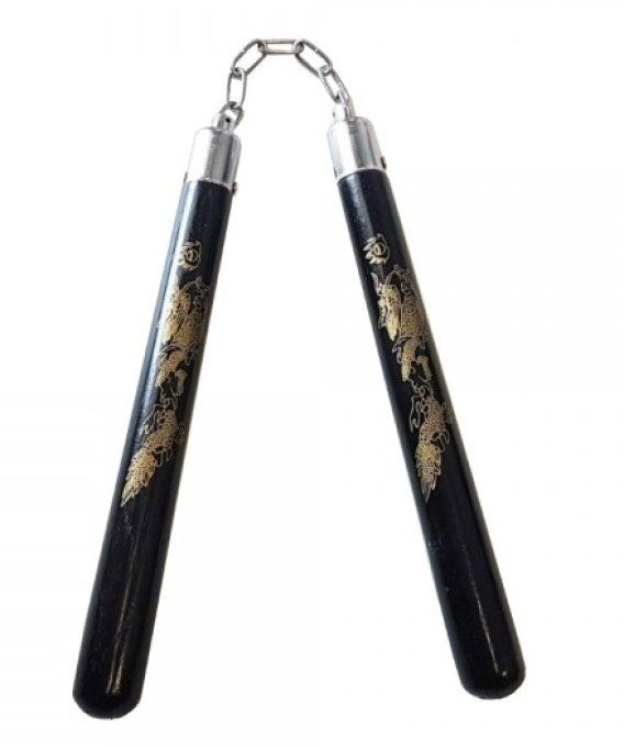 Nunchaku en bois massif noir motif japonais