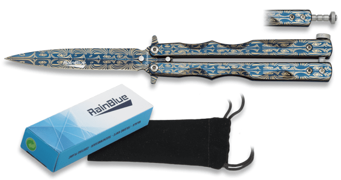 Couteau PAPILLON « RAINBLUE » décor bleu et beige de 9.10 cm