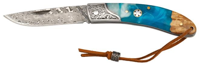 Couteau pliant DAMASCUS manche bois et résine lame de 7.30 cm