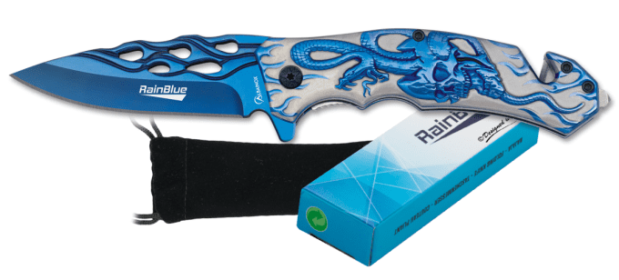 Couteau pliant tête de mort lame de 9 cm « RainBlue » Lame perforé couleur bleu