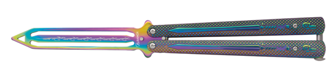 Couteau papillon D’entrainement raimbow lame sculpté de 10.80 cm