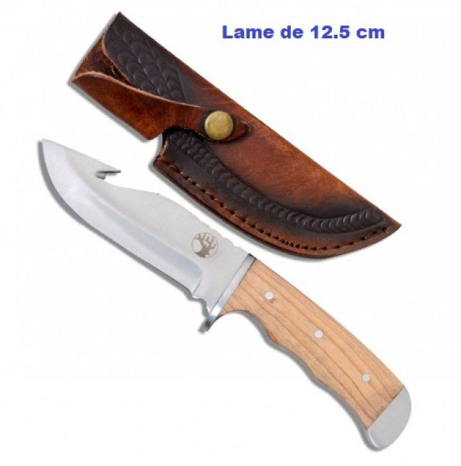 Couteau de chasse décor Cerf avec Etui Cuir cousus bnois clair lame de 12.5
