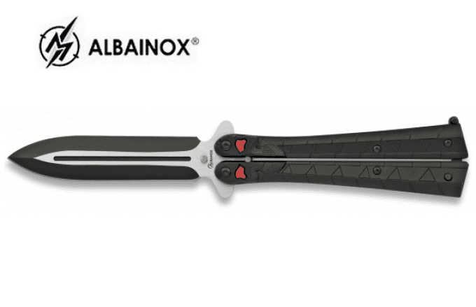 Couteau papillon manche aluminium tête squelette yeux rouge