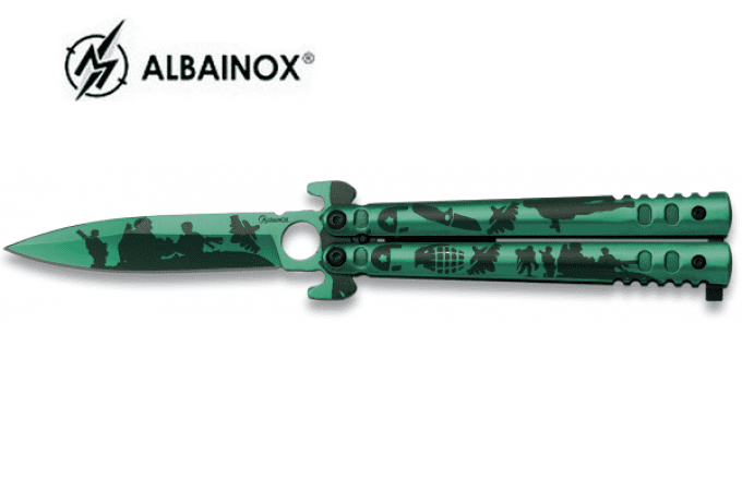 Couteau papillon manche Alu Vert Anodisé lame de 10 cm