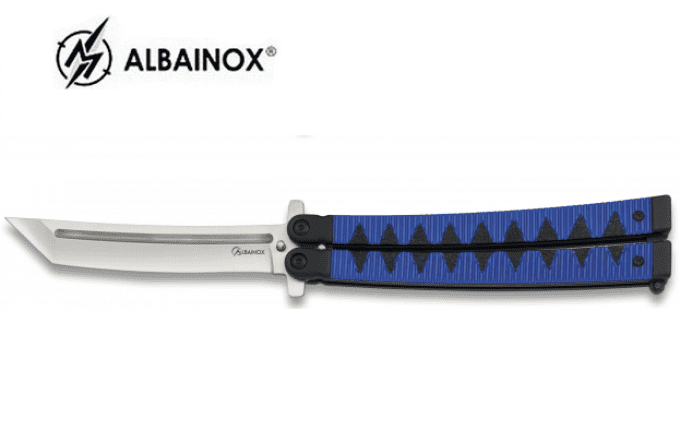 Couteau papillon manche Alu Bleu lame Tanto de 10.3 cm
