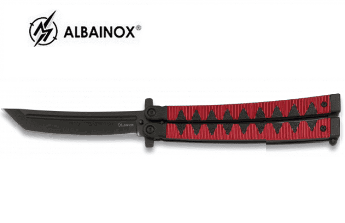 Couteau papillon manche Alu Rouge lame Tanto de 10.3 cm
