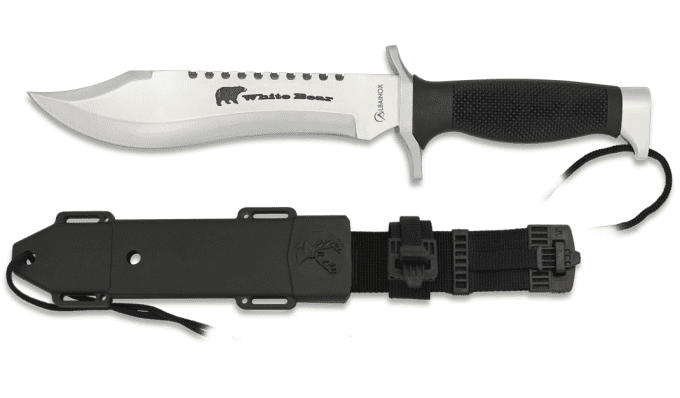 Couteau Tactical WHITE BEAR chrome et Noir avec étui pour ceinture