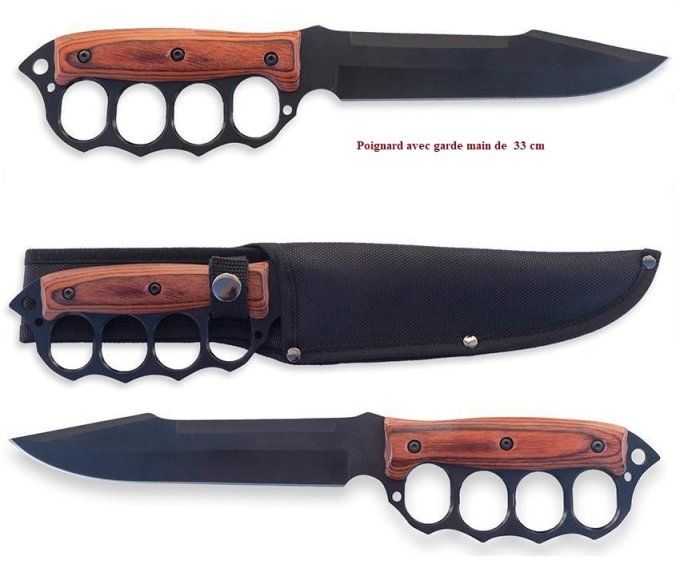 Poignard de combat avec garde Poing Américain Noir + Fourreau de 33 cm