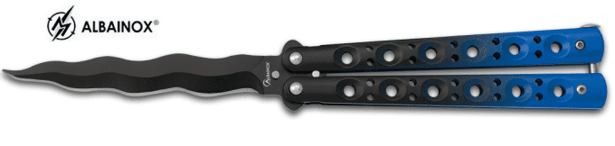 Couteau papillon bleu et noir lame voilé de 10.60 cm