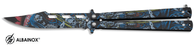 Couteau papillon skull fond bleu lame de 10.00 cm