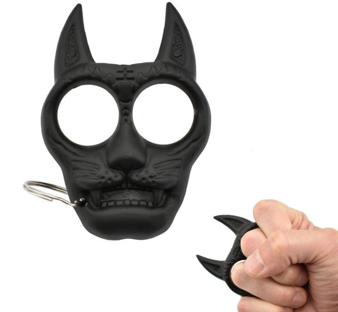 Poing Américain porte clé tête de chat noir en ABS