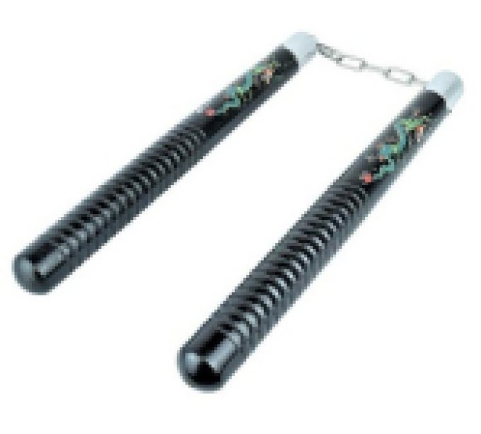 Nunchaku en bois massif noir décor Dragon vert