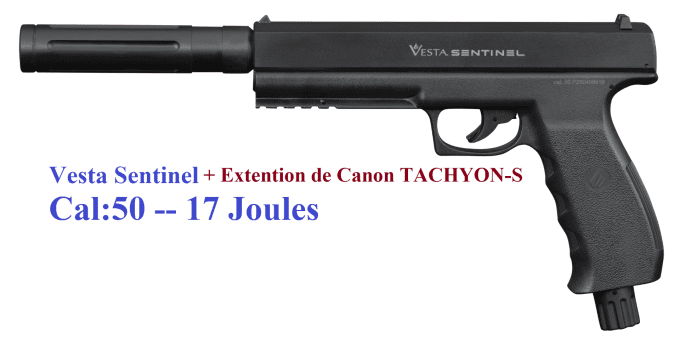 Pistolet Vesta Sentinel avec extention de canon TACHYON-S Cal 50 -17 Joules