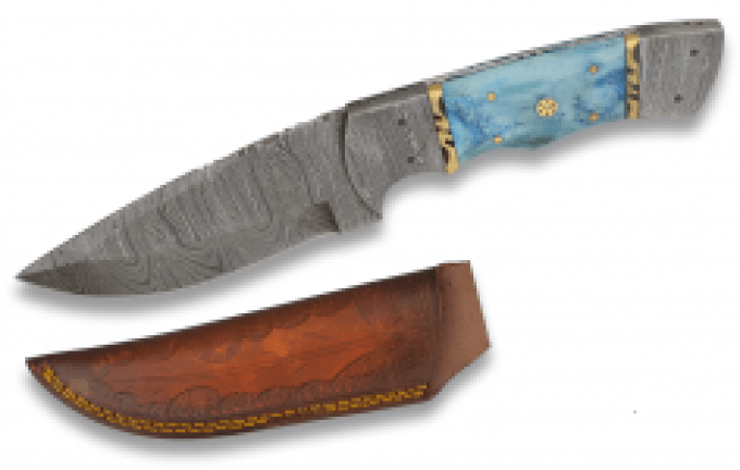 Couteau DAMASCUS - os bleu avec son Etui tout Cuir