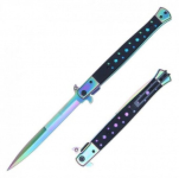 Couteau Pliant automatique Big Boy Stiletto Noir et arc en ciel Lame de 14.5 cm