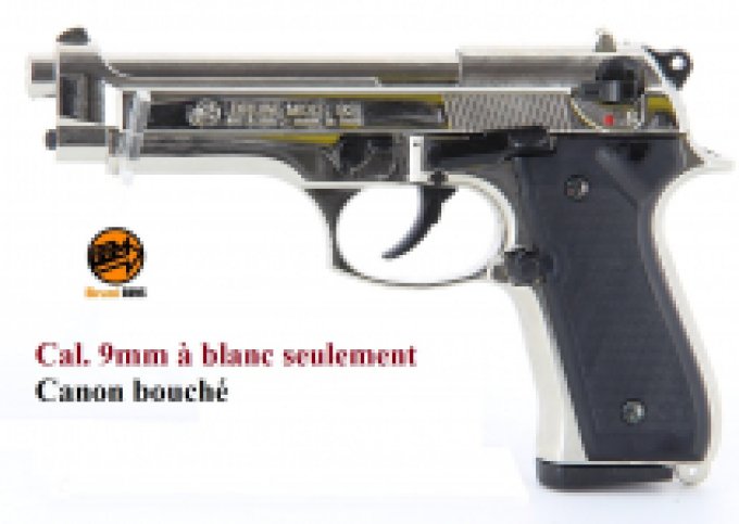 Pistolet BERETTA Nickelé Chrome à blanc  Mod 92 Cal. 9mm PAK