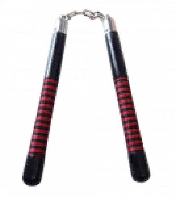 Nunchaku en bois massif / noir decor corde rouge et noir